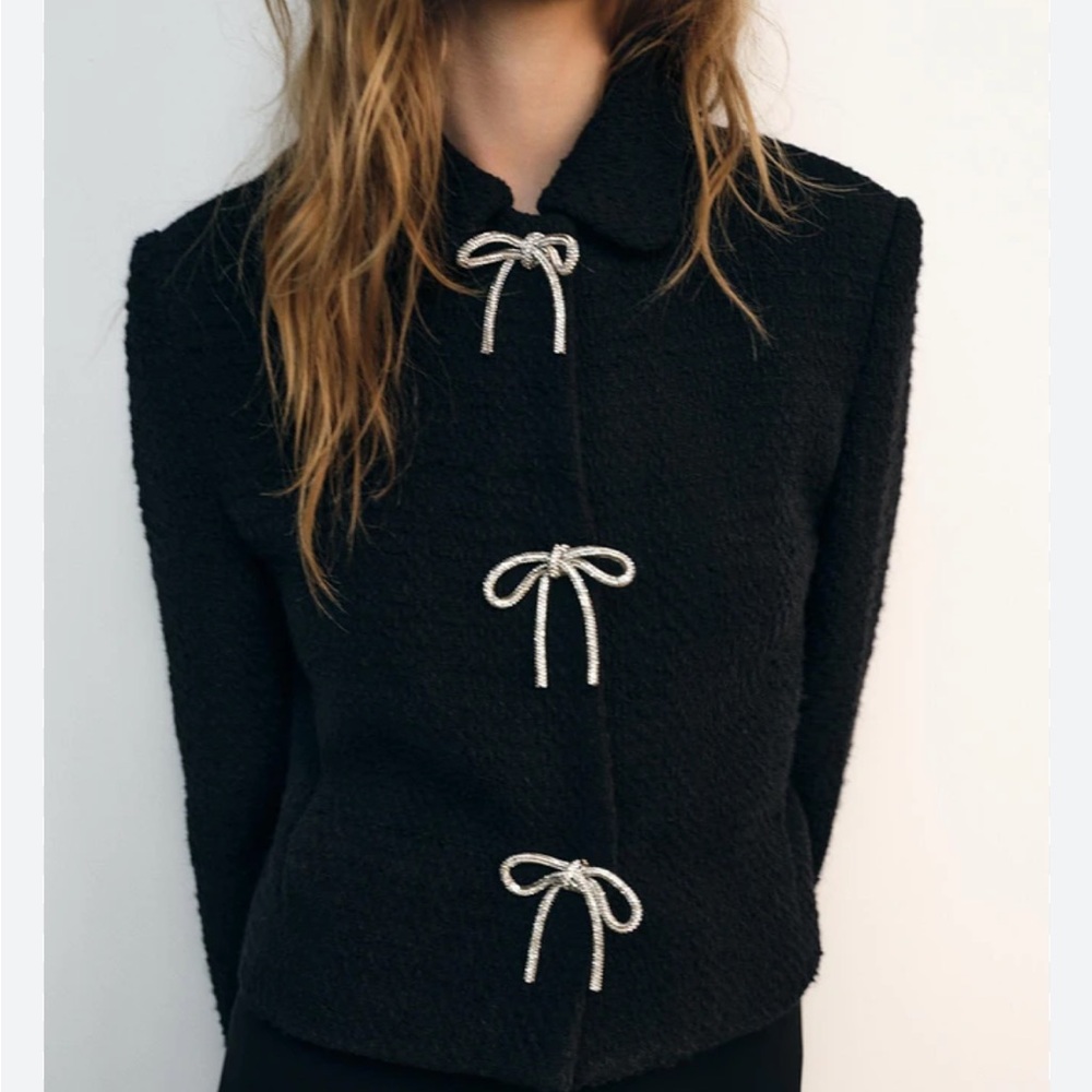Zara Black Bouclé Jacket with Silver Bow Closures